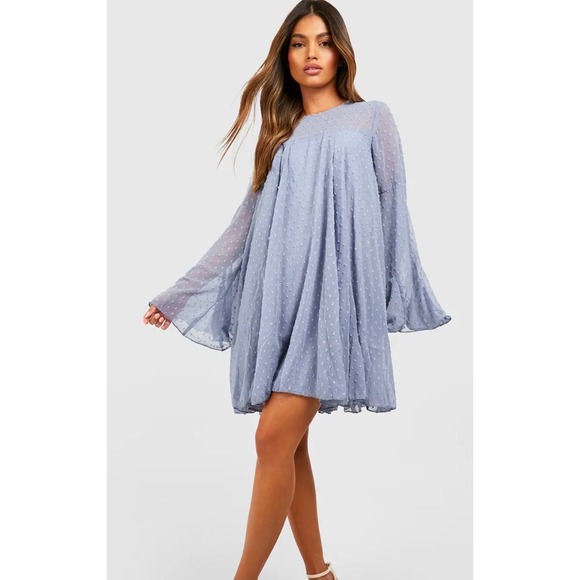 Boohoo Dresses & Skirts - Boohoo Womens Blue Swiss Dot Long Sleeve Smock Mini Dress Size 8